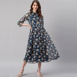 Janasya 3/4 Sleeve Floral Navy Blue Poly Georgette Summer Midi Dress (L)